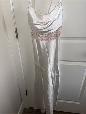 Brand New Selfie Leslie White Satin Slip Dress with Lace Panel